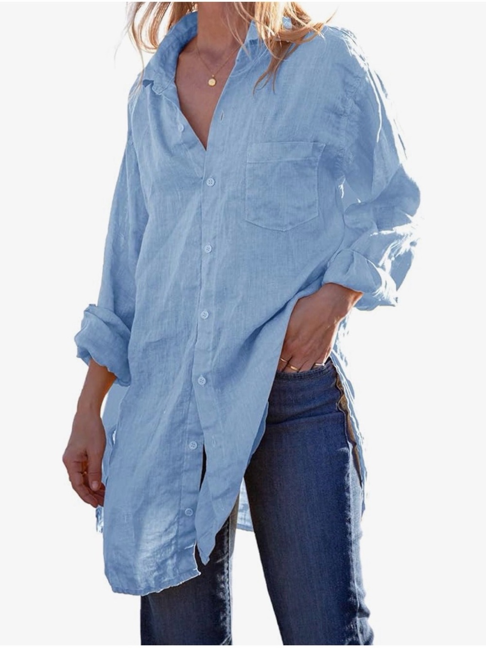 Light Blue‎ Linen Button-Up Tunic Top - Women